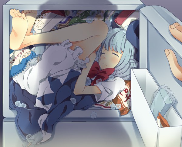 Anime picture 1033x840 with touhou cirno maki (natoriumu) single short hair blue hair eyes closed barefoot pov girl dress bow knickers refrigerator