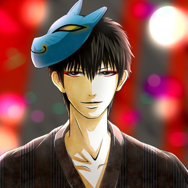Anime picture 1500x1500 with gintama sunrise (studio) hijikata toshiro single looking at viewer short hair black hair smile brown eyes traditional clothes mask on head boy mask