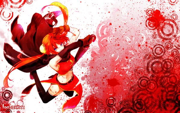 Anime picture 1680x1050 with gintama sunrise (studio) kagura (gintama) single long hair blue eyes wide image twintails bare shoulders signed red hair hair bun (hair buns) red background jumping closed umbrella girl thighhighs gloves black thighhighs detached sleeves