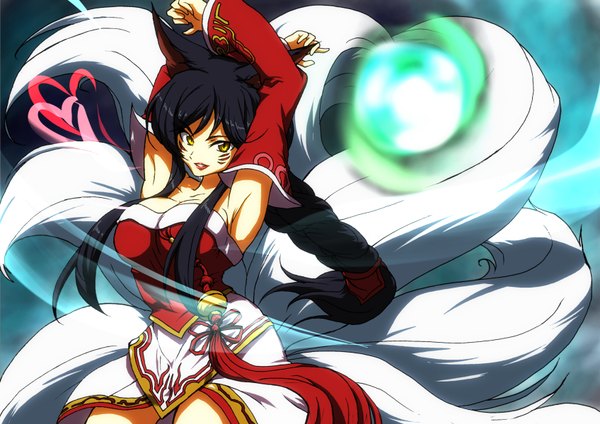 Anime picture 1696x1200 with league of legends ahri (league of legends) single long hair looking at viewer breasts black hair large breasts animal ears yellow eyes armpit (armpits) magic facial mark multiple tails whisker markings girl