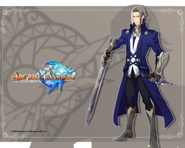 Anime picture 1280x1024 with arc rise fantasia single looking at viewer short hair blue eyes simple background grey hair inscription boy weapon sword boots
