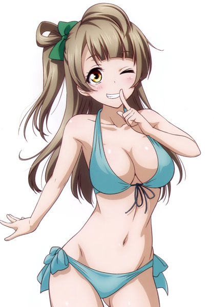 Anime picture 2133x3062 with love live! school idol project sunrise (studio) love live! minami kotori inou shin single long hair tall image blush highres breasts light erotic simple background smile white background brown eyes one eye closed grey hair wink scan