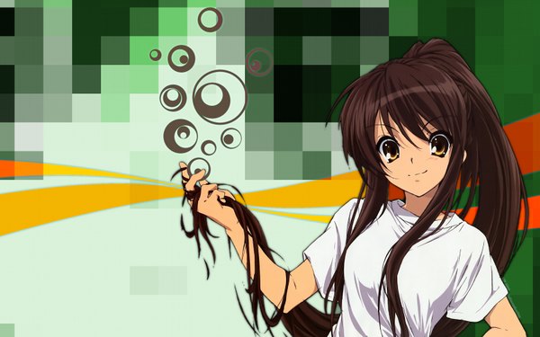Anime picture 1680x1050 with suzumiya haruhi no yuutsu kyoto animation suzumiya haruhi wide image green background girl