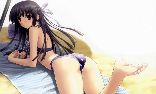 Anime picture 2823x1718 with yosuga no sora migiwa kazuha long hair highres light erotic black hair wide image purple eyes beach girl swimsuit