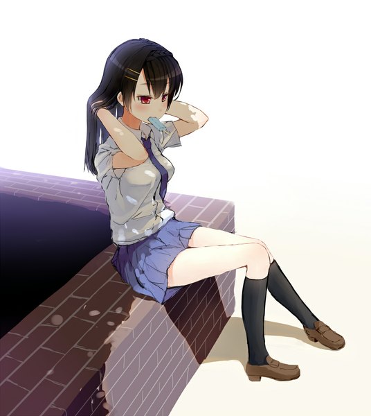 Anime picture 1024x1146 with original uttt single long hair tall image blush fringe breasts black hair red eyes sitting holding braid (braids) pleated skirt shadow legs mouth hold adjusting hair looking down eating