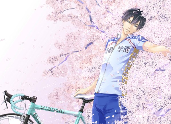 Anime picture 1246x905 with yowamushi pedal bianchi (company) arakita yasutomo saotake single short hair black hair cherry blossoms boy uniform plant (plants) tree (trees) branch gym uniform ground vehicle bicycle