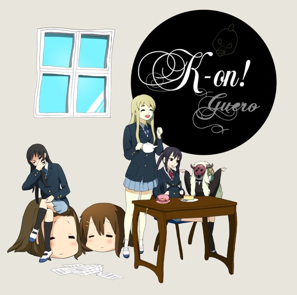 Anime picture 1957x1949 with k-on! kyoto animation akiyama mio hirasawa yui nakano azusa kotobuki tsumugi tainaka ritsu yamanaka sawako jason (artist) long hair blush highres short hair open mouth black hair blonde hair simple background brown hair sitting twintails