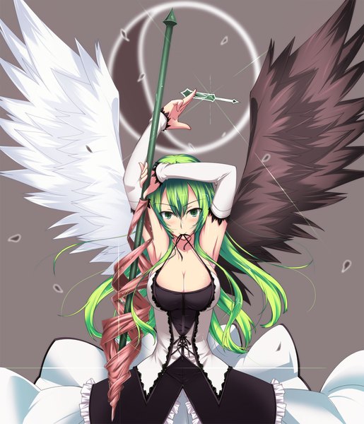 Anime picture 1718x2000 with original yoshida takuma single long hair tall image highres breasts green eyes green hair mouth hold girl dress weapon detached sleeves wings