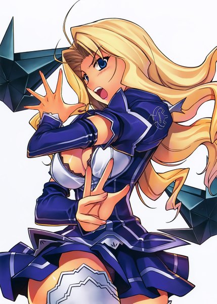 Anime picture 4314x6027 with freezing elizabeth mably kim kwang hyun long hair tall image blush highres open mouth blue eyes light erotic blonde hair absurdres scan official art girl thighhighs dress white thighhighs