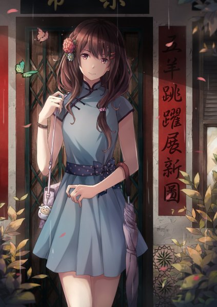 Anime picture 1748x2480 with original kiyo (chaoschyan) single long hair tall image highres brown hair brown eyes hair flower closed umbrella girl dress hair ornament flower (flowers) petals insect butterfly umbrella bag