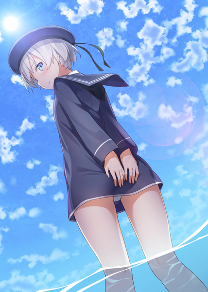 Anime picture 1500x2100 with kantai collection z1 destroyer (leberecht maass) ninnzinn single tall image short hair blue eyes light erotic sky silver hair cloud (clouds) looking back bare legs from below pantyshot turning head girl dress underwear panties