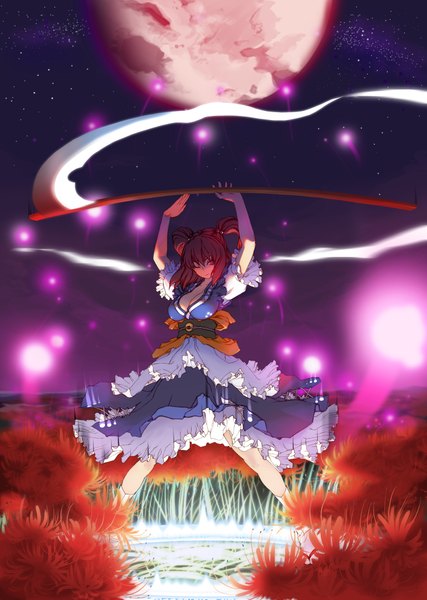Anime picture 1422x2000 with touhou onozuka komachi tsunekun single tall image short hair breasts red eyes large breasts twintails red hair one eye closed wink night sky red moon girl dress flower (flowers) belt star (stars)