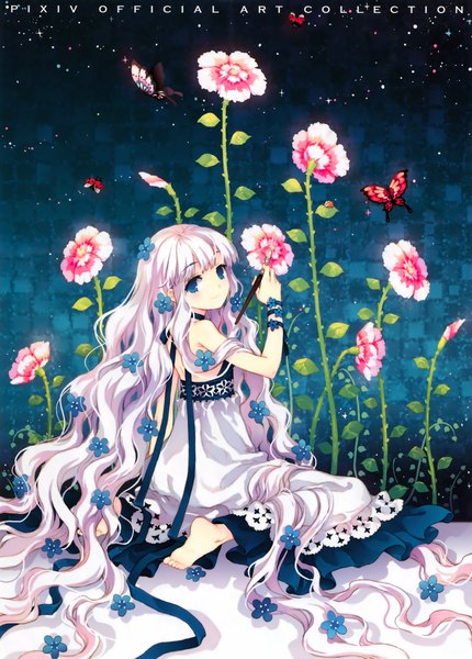 Anime picture 2727x3803 with original pixiv pixiv-tan tearfish single tall image highres blue eyes sitting pink hair very long hair looking back barefoot girl dress flower (flowers) ribbon (ribbons) insect butterfly paintbrush