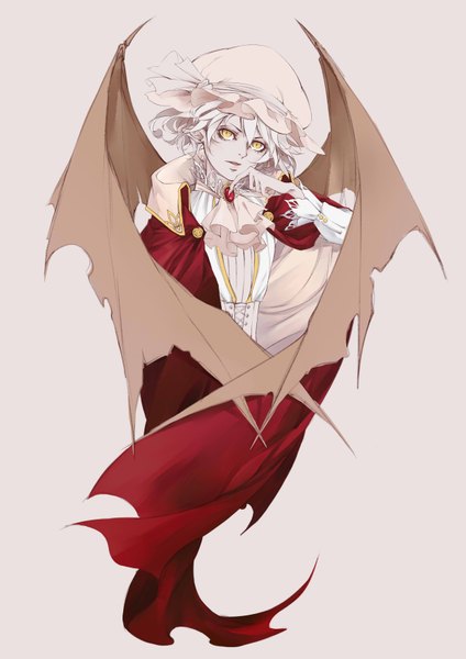 Anime picture 2480x3507 with touhou remilia scarlet later (chiyating) single tall image looking at viewer highres short hair simple background white hair parted lips pointy ears grey background bat wings alternate eye color girl wings cape bonnet neckerchief