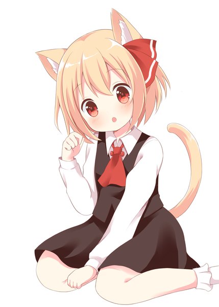Anime picture 2590x3624 with touhou rumia chutney single tall image looking at viewer blush fringe highres short hair open mouth simple background blonde hair hair between eyes red eyes white background sitting tail long sleeves head tilt