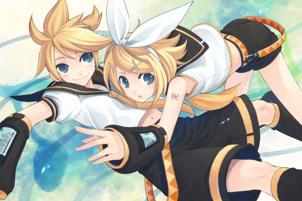Anime picture 1200x800 with vocaloid kagamine rin kagamine len emomin looking at viewer fringe short hair blue eyes blonde hair smile bare shoulders parted lips bare legs tattoo siblings outstretched hand twins spiked hair brother and sister girl