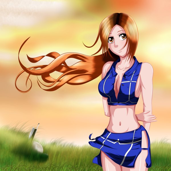 Anime picture 4000x4000 with bleach studio pierrot inoue orihime rocky-ace single long hair highres absurdres sky cleavage cloud (clouds) light smile wind sunlight orange hair midriff orange eyes coloring hands behind back girl
