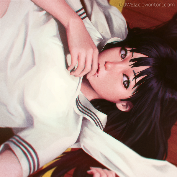 Anime picture 900x900 with guweiz single long hair fringe black hair lips grey eyes finger to mouth ilya kuvshinov (style) girl clothes