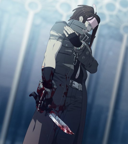 Anime picture 1280x1439 with dramatical murder nitro+chiral mink (dmmd) honya lala single long hair tall image black hair boy gloves weapon bracelet hairband blood feather (feathers) knife