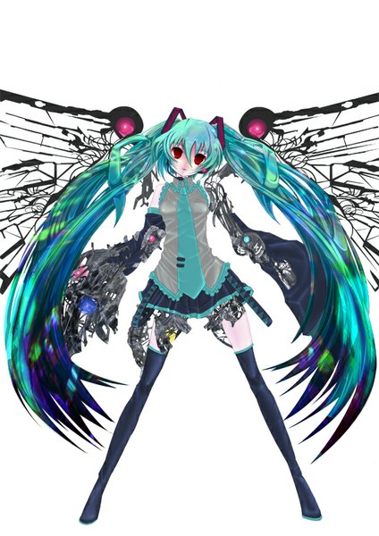 Anime picture 600x849 with vocaloid hatsune miku teruru single tall image looking at viewer simple background red eyes white background twintails very long hair green hair mechanical girl skirt miniskirt