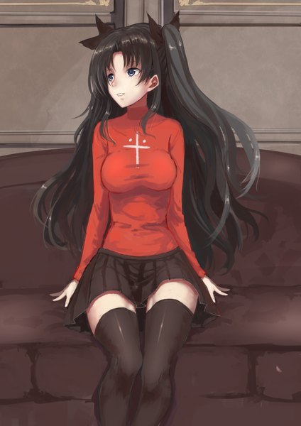 Anime-Bild 2480x3507 mit fate (series) fate/stay night type-moon toosaka rin wenhe single long hair tall image fringe highres breasts open mouth blue eyes black hair smile large breasts sitting twintails pleated skirt zettai ryouiki