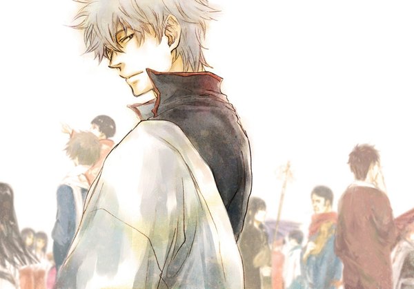 Anime picture 1004x700 with gintama sunrise (studio) sakata gintoki acaco long hair looking at viewer short hair black hair brown hair silver hair traditional clothes japanese clothes looking back grey eyes turning head boy weapon kimono child (children) people