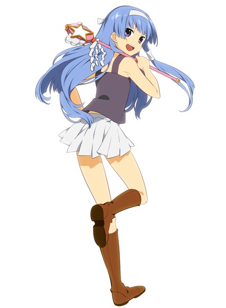 Anime picture 1000x1359 with kannagi nagi (kannagi) sama (artist) single long hair tall image looking at viewer open mouth simple background smile white background purple eyes bare shoulders holding blue hair pleated skirt looking back girl skirt ribbon (ribbons)