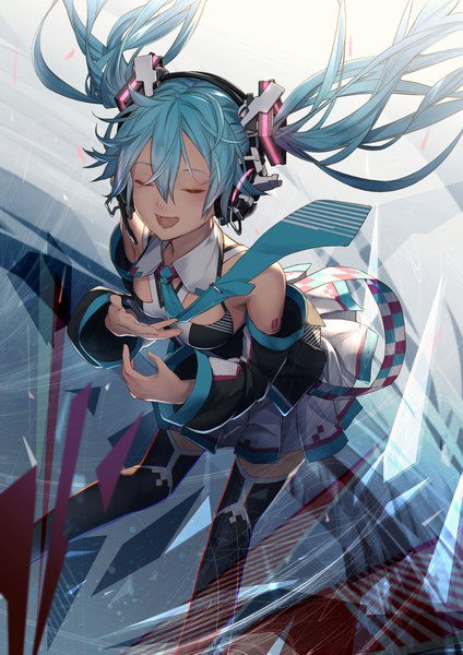 イラスト 2894x4093 と ボーカロイド 初音ミク miya-ki (miya key) ソロ 長身像 前髪 highres おっぱい 開いた口 light erotic hair between eyes ツインテール 肩出し 青い髪 eyes closed very long hair :d 刺青 leaning 絶対領域