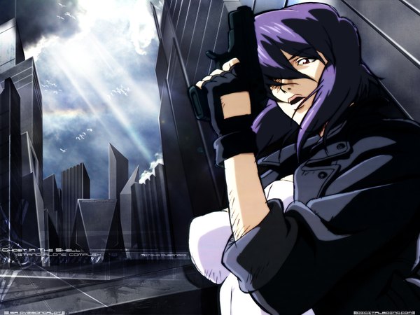 Anime picture 1600x1200 with ghost in the shell production i.g kusanagi motoko shirou masamune single fringe short hair breasts red eyes holding sky purple hair cloud (clouds) upper body parted lips arm up sunlight hair over one eye inscription copyright name