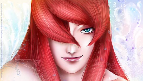Anime picture 1024x577 with naruto studio pierrot naruto (series) mei terumi (mizukage) abyss-valkyrie single long hair fringe blue eyes smile wide image red hair lips hair over one eye realistic coloring portrait face girl