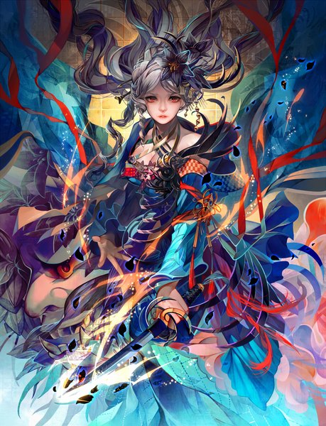 Anime picture 858x1122 with original fumoe single long hair tall image looking at viewer red eyes hair flower grey hair girl dress hair ornament flower (flowers) weapon petals sword katana