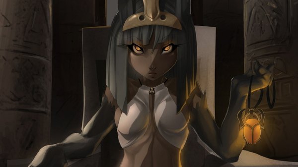 Anime picture 1600x900 with mythology egyptian mythology anubis siegeredwolf trbox single fringe short hair wide image sitting yellow eyes grey hair dark skin cropped collaboration girl gloves hair ornament elbow gloves insect