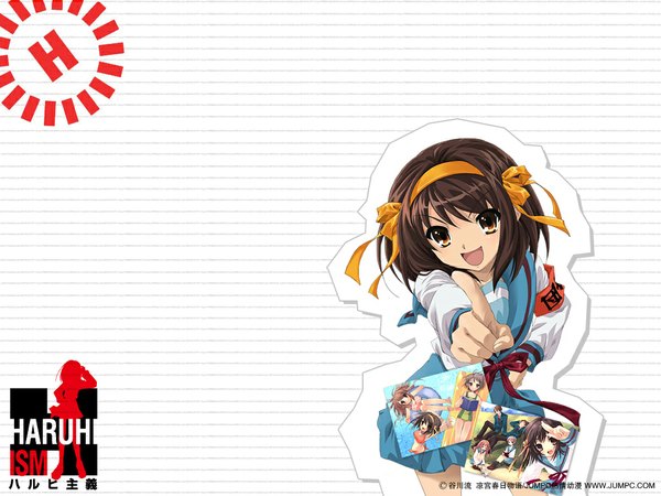 Anime picture 1024x768 with suzumiya haruhi no yuutsu kyoto animation suzumiya haruhi single looking at viewer fringe short hair open mouth smile brown hair standing white background brown eyes long sleeves hand on hip happy pointing frown girl uniform