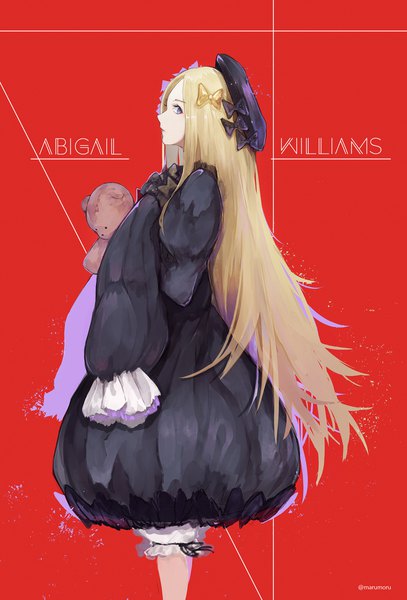Anime picture 1234x1820 with fate (series) fate/grand order abigail williams (fate) marumoru single long hair tall image looking at viewer blue eyes blonde hair simple background standing signed long sleeves profile character names twitter username red background girl dress