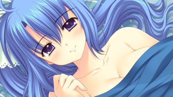 Anime picture 1280x720 with world wide love! (game) munemoto tsubakiko long hair blush blue eyes smile wide image blue hair game cg ponytail lying girl