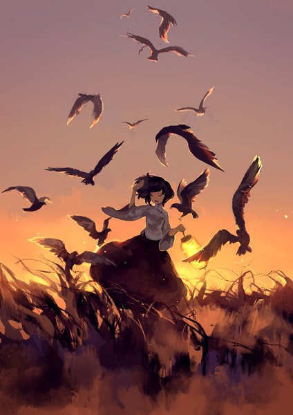 Anime picture 900x1273 with original hanyijie single tall image short hair open mouth black hair sky one eye closed wind wink evening sunset hand on head field girl skirt animal bird (birds) lantern