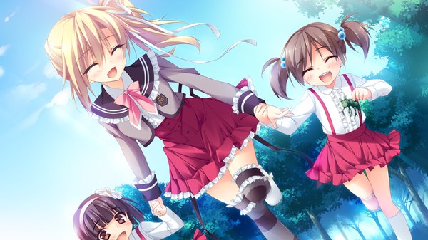 Anime picture 1280x720 with shukufuku no kane no oto wa shinonome urara anapom long hair short hair black hair blonde hair wide image game cg side ponytail girl thighhighs uniform ribbon (ribbons) hair ribbon school uniform serafuku striped thighhighs child (children)