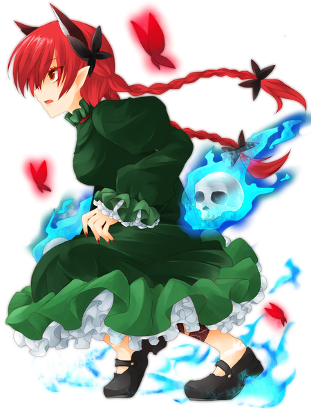 Anime picture 3000x4000 with touhou kaenbyou rin suna kiririto (artist) single long hair tall image highres red eyes animal ears red hair braid (braids) cat ears transparent background extra ears girl dress bow hair bow shoes insect