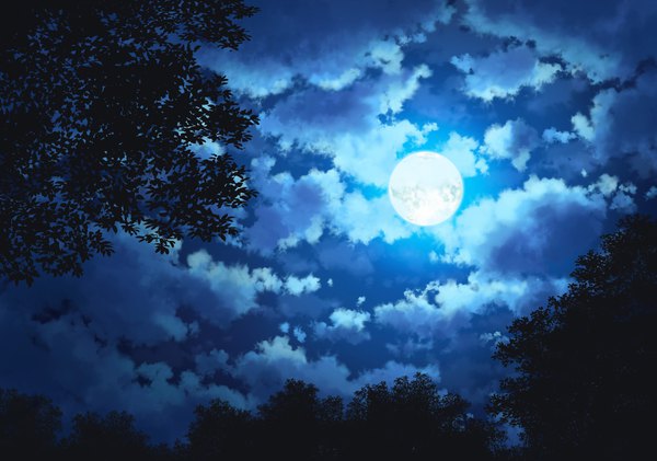 イラスト 1781x1250 と オリジナル さかなもどき highres 空 cloud (clouds) outdoors night no people nature 植物 木 月 満月