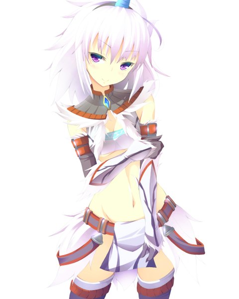 Anime picture 1024x1280 with monster hunter kirin (armor) monster hunter (character) kinta (distortion) single tall image short hair simple background white background purple eyes white hair midriff girl gloves navel elbow gloves