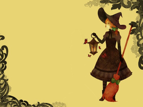 Anime picture 2016x1518 with original maiko (mamama11) single highres simple background profile orange hair halloween yellow background witch girl dress gloves bow hat pantyhose elbow gloves insect butterfly witch hat