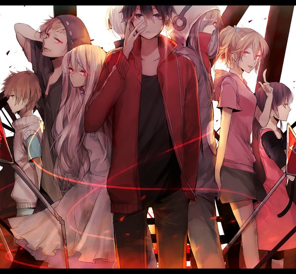 Anime picture 1894x1756 with kagerou project shaft (studio) mary (kagerou project) ene (kagerou project) kisaragi shintarou kido tsubomi kano shuuya kisaragi momo konoha (kagerou project) amamiya hibiya asahina hiyori ayatoki-1 long hair looking at viewer highres short hair open mouth black hair blonde hair red eyes