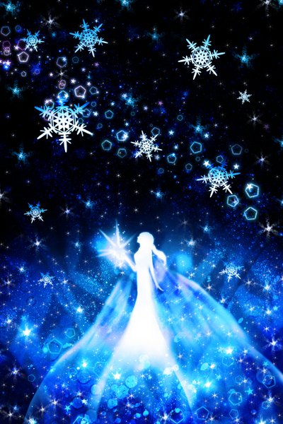 Anime picture 999x1498 with frozen (disney) disney elsa (frozen) harada miyuki single long hair tall image standing glowing glow girl dress snowflake (snowflakes)