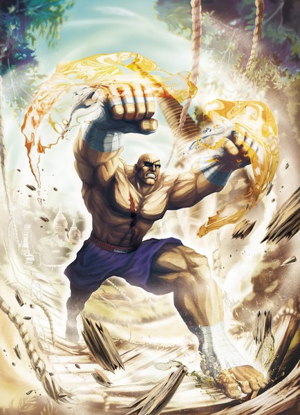 Anime picture 3152x4352 with street fighter sagat tall image highres absurdres barefoot official art grin magic scar muscle bald boy shorts bandage (bandages) eyepatch fist rope