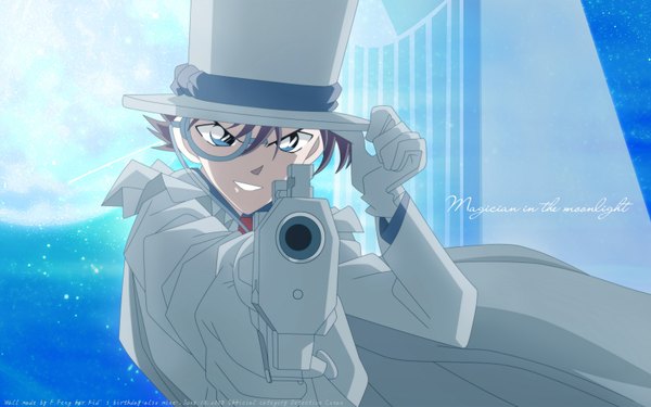 Anime picture 1680x1050 with detective conan magic kaito kaito kid single short hair brown hair wide image sky boy gloves weapon hat gun moon star (stars) cape suit