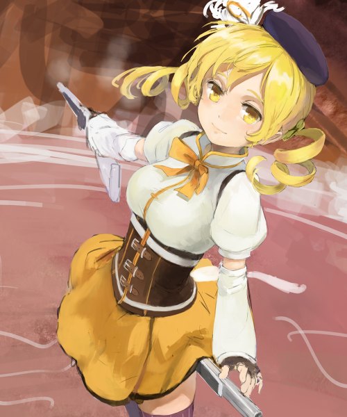 Anime picture 1000x1200 with mahou shoujo madoka magica shaft (studio) tomoe mami kuroko (piii) single tall image short hair blonde hair smile twintails yellow eyes drill hair short twintails underbust girl gloves weapon detached sleeves fingerless gloves gun