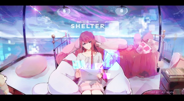 Anime picture 5200x2863 with shelter (music video) rin (shelter) aoi ogata single long hair looking at viewer highres light erotic smile wide image sitting holding pink hair absurdres indoors head tilt pink eyes copyright name letterboxed girl