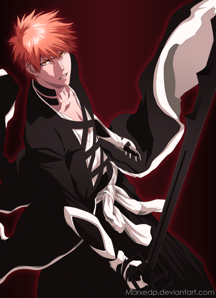 Anime picture 1851x2560 with bleach studio pierrot kurosaki ichigo marxedp single tall image highres short hair simple background brown eyes japanese clothes from above orange hair coloring boy weapon sword belt kimono