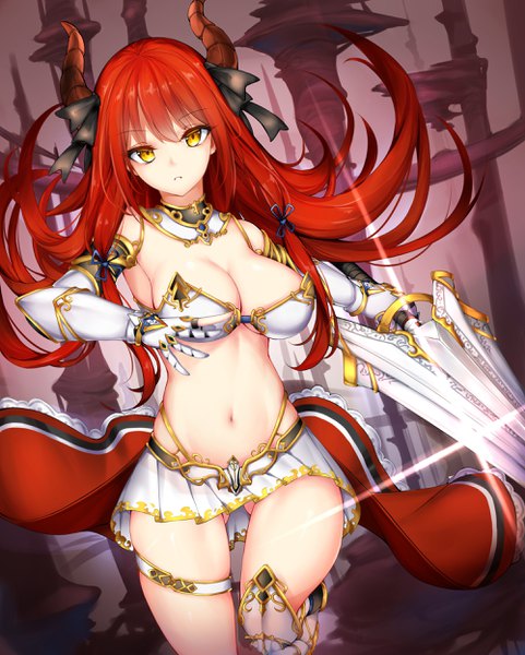 Anime picture 2000x2491 with original chixiao single long hair tall image looking at viewer fringe highres breasts light erotic hair between eyes large breasts standing yellow eyes bent knee (knees) red hair parted lips pleated skirt horn (horns) bare belly