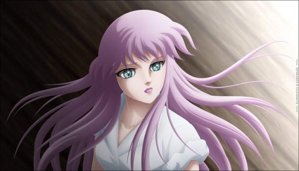 Anime picture 1280x735 with saint seiya toei animation kido saori slipknot31 single long hair blue eyes wide image pink hair lips coloring portrait light girl